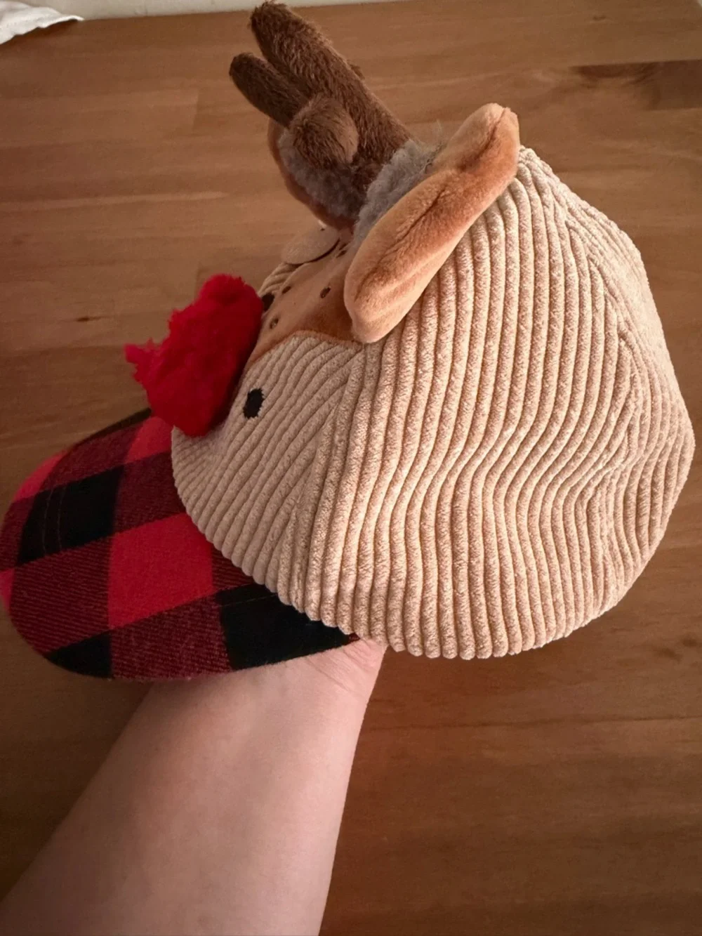 Mud Pie Tan & Red Reindeer Cap with Buffalo Plaid Brim Unisex 3T-5T
